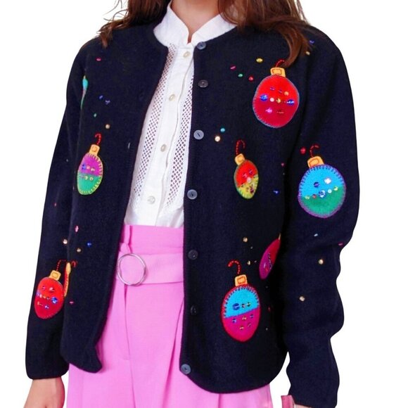 Talbots Vintage 100% Wool Unique Ornament Embroidered Cardigan Sweater Size M - Picture 4 of 7